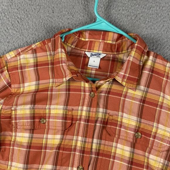 Duluth Trading Co Button Shirt Women's Size Large Orange Plaid Polyester Stretch - Picture 4 of 9